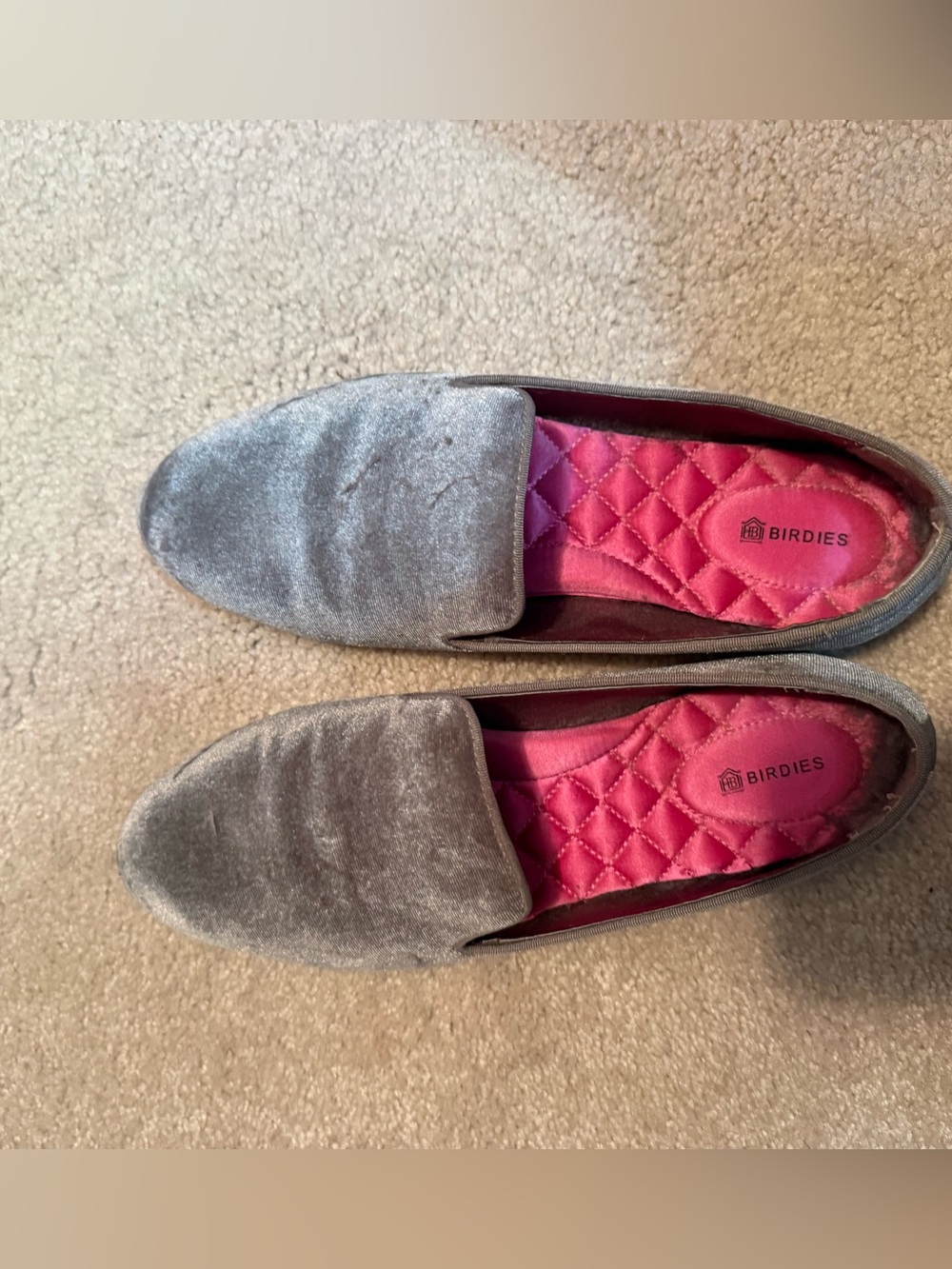 Birdies Velvet Slip-On Loafers in Gray with Pink Insole